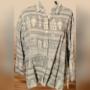 Chico's Vintage 100% Linen Tan /Gray Large Button-up Blouse